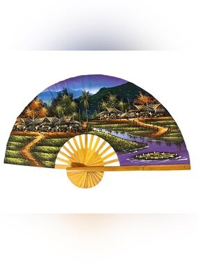 40" Hand Painted Golden Village Asian Bamboo Wall Fan
Unique!